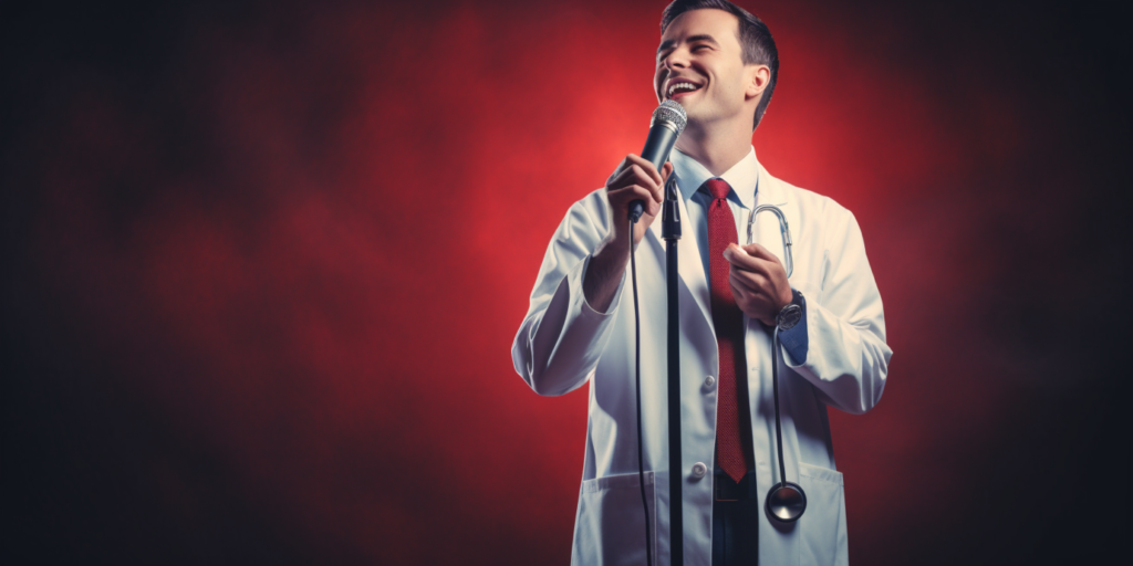 A person in a white coat holding a microphone

Description automatically generated